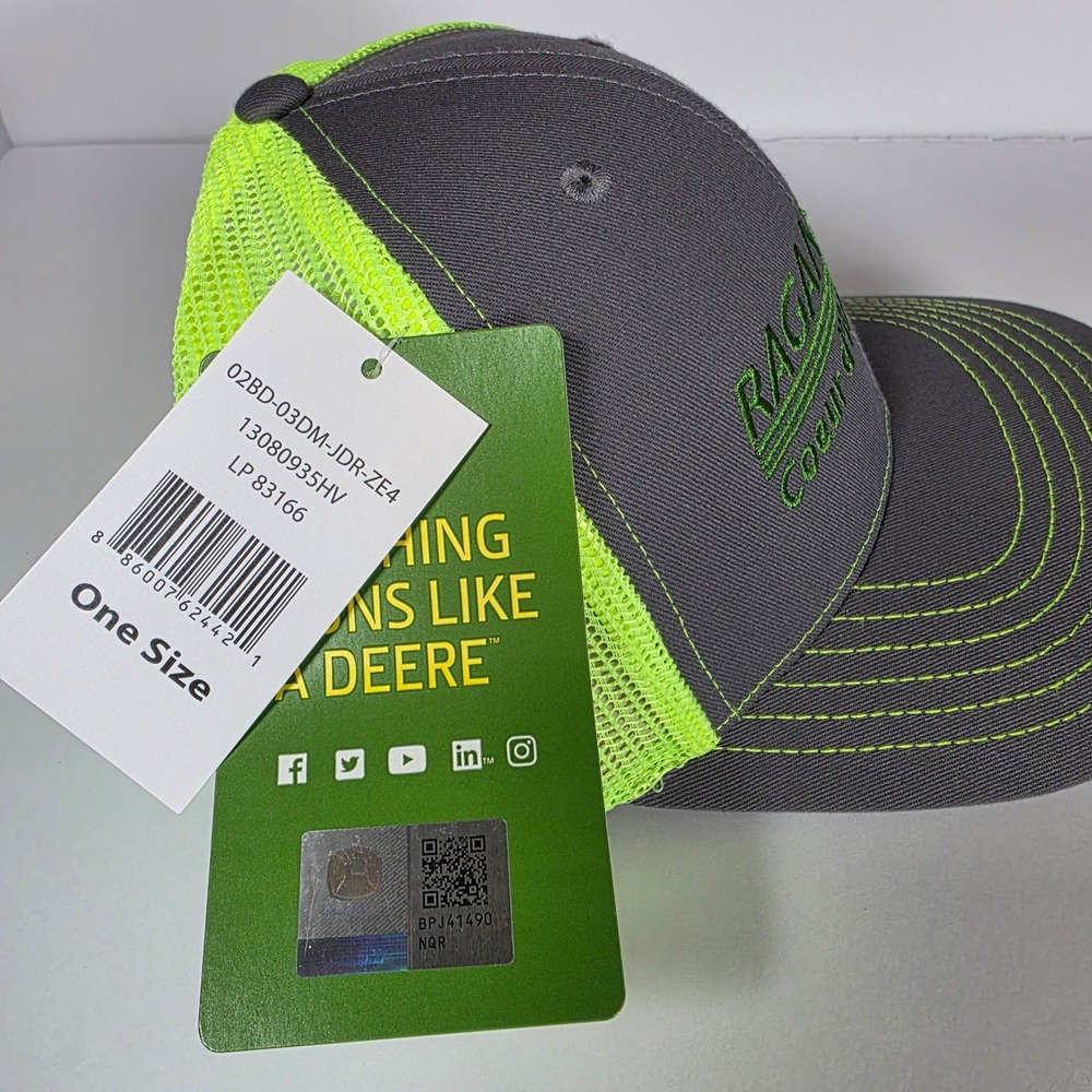 John Deere Ragan Equipment Coeur d'Alene Idaho Trucker Hat Snapback Grey Neon - Picture 5 of 5